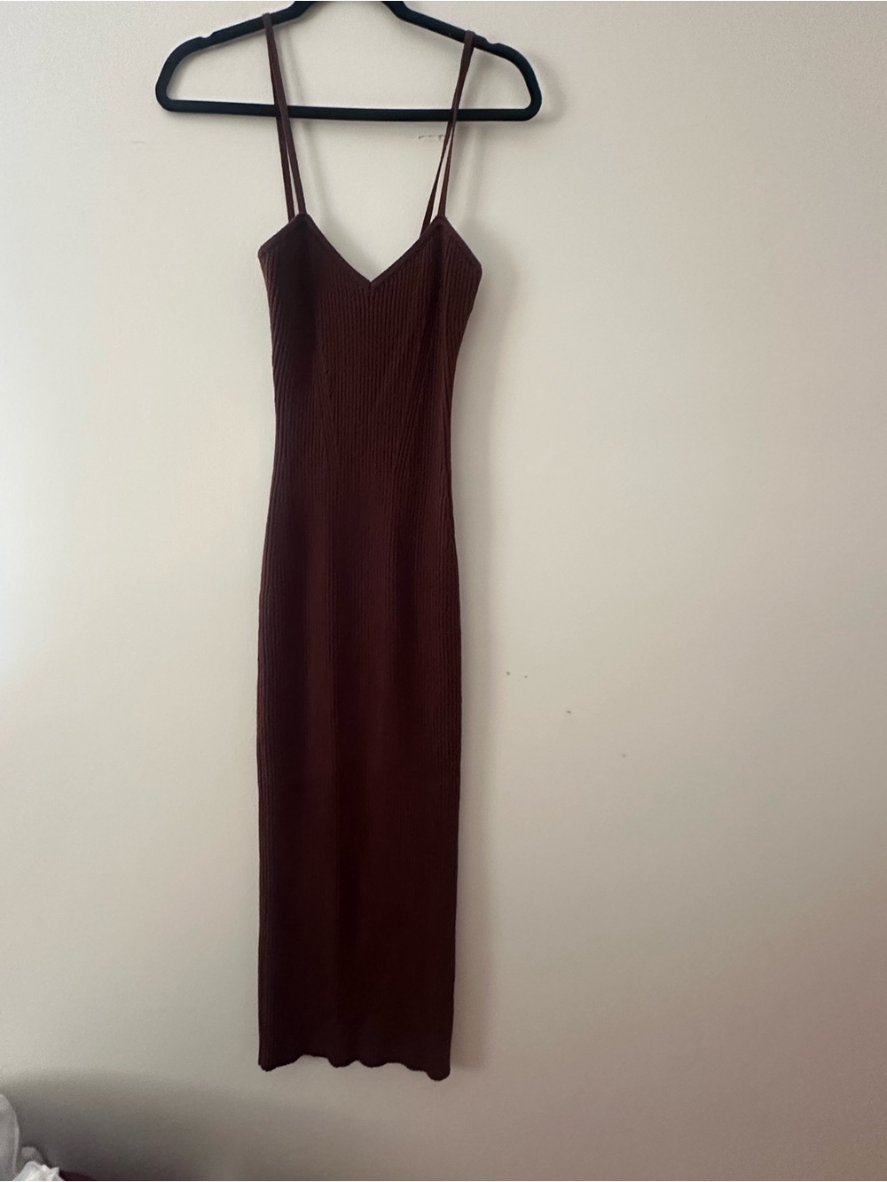 Sleek Brown Ribbed Slip Dress with Spaghetti Straps and sweater